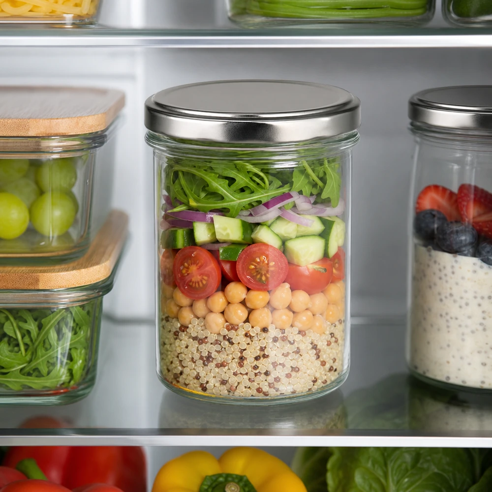 350ml bekers met BasicSeal deksel zilver UNiTWIST 350 ml bekers met zilveren deksel in de koelkast gevuld met salade quinoa kikkererwten Meal Prep voorraadpot