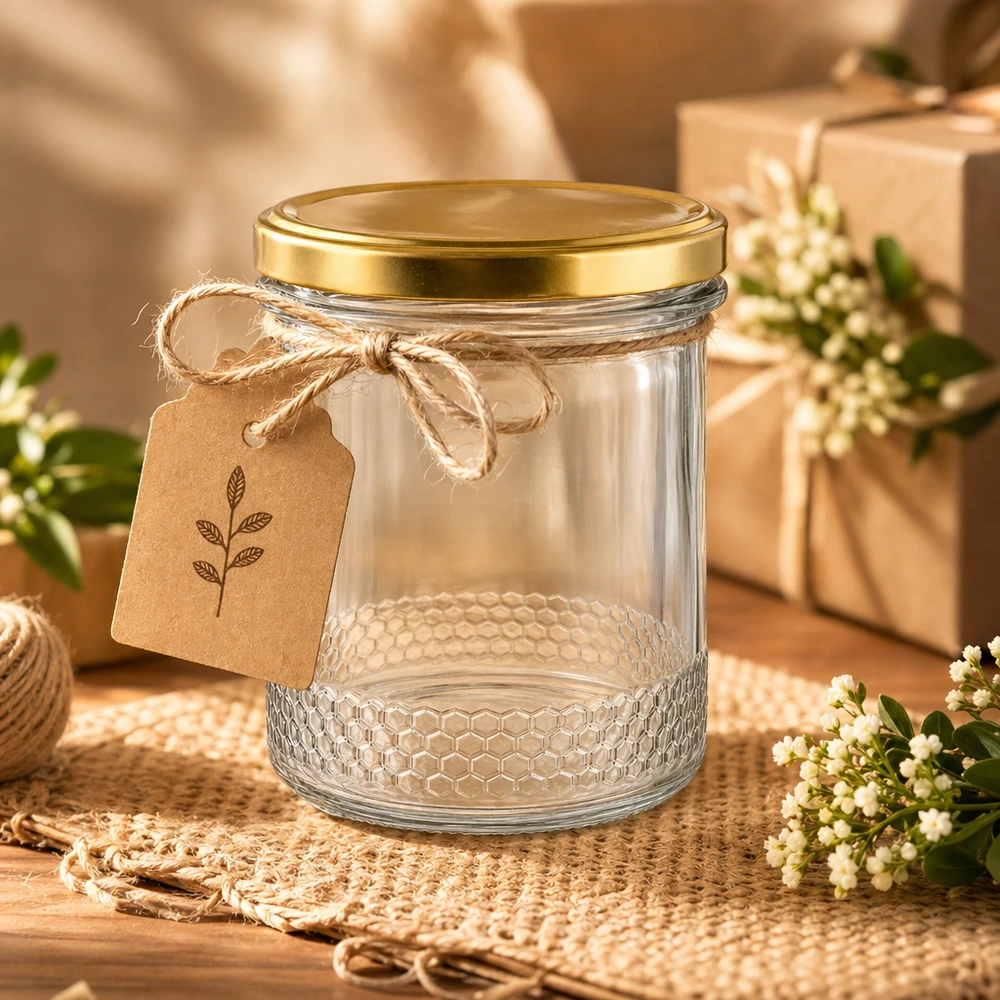 Honingpot 560 g met gouden BasicSeal UNiTWIST-deksel 400 ml honingpot met BasicSeal deksel goud UNiTWIST en cadeaulabel op een rustieke houten tafel met jute decoratie