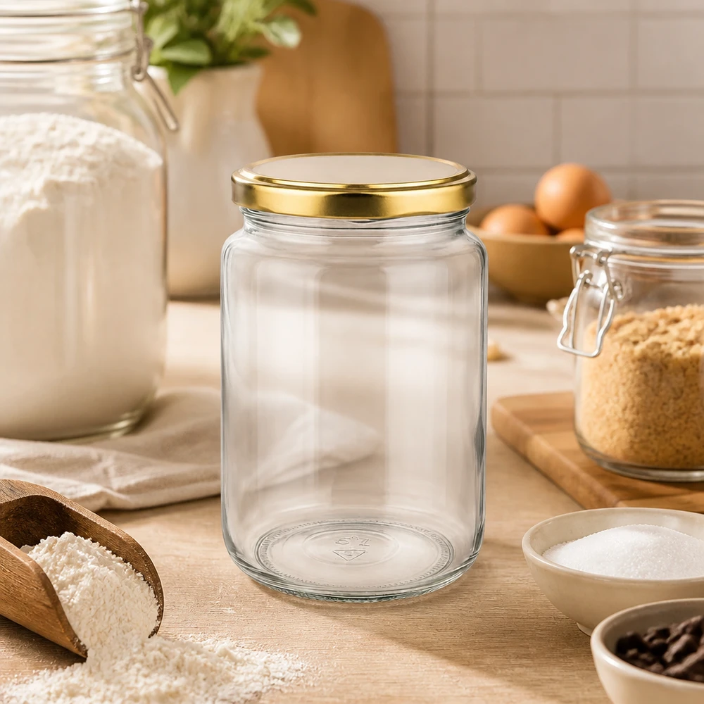 795ml rond glas met BasicSeal deksel goud UNiTWIST 795ml lege ronde pot met gouden BasicSeal deksel in keukensfeer met bloem en bakingrediënten op houten plank
