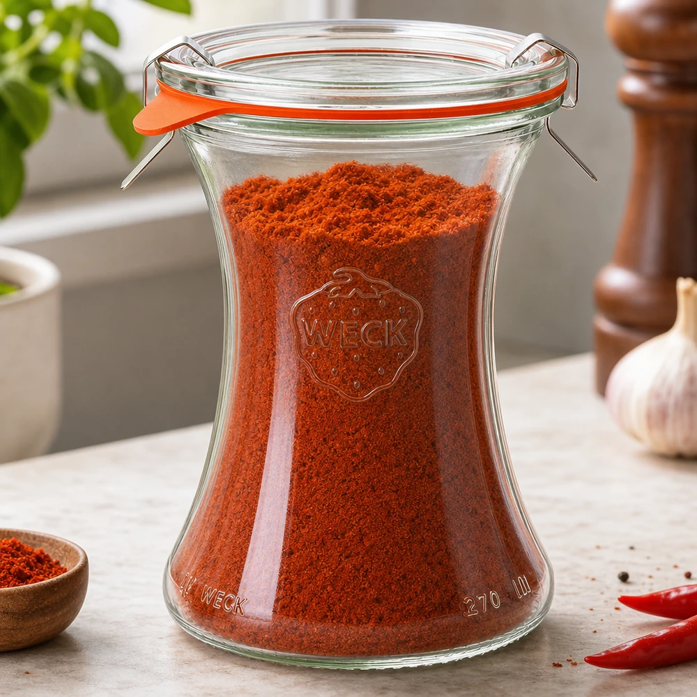 370 ml delicatessenpot, compleet WECK RR80 WECK delicatessenpot 370ml RR80 gevuld met rode paprikapoeder Kruidenopslag in keukenomgeving