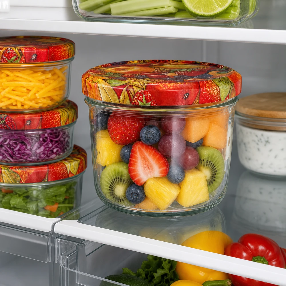 230 ml bekers met kleurrijk BasicSeal fruitdecor deksel gevuld met verse fruitsalade bewaard in de koelkast
