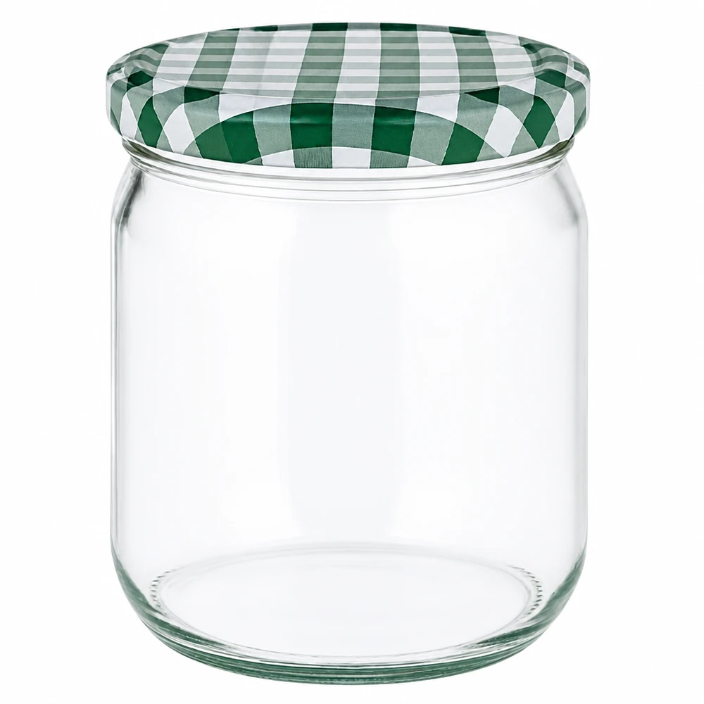 425ml rond glas met BasicSeal deksel groen/wit UNiTWIST 425 ml ronde pot met groen en wit geblokt BasicSeal deksel voor conserveren en bewaren