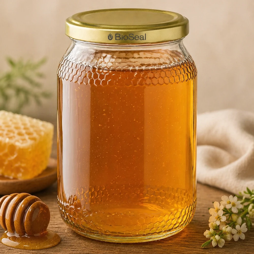 Honingpot 1260 g met gouden BioSeal UNiTWIST-deksel 900ml honingpot gevuld met gouden honing BioSeal deksel honingraat look honingdompelaar bloemen houten tafel bijenteelt benodigdheden
