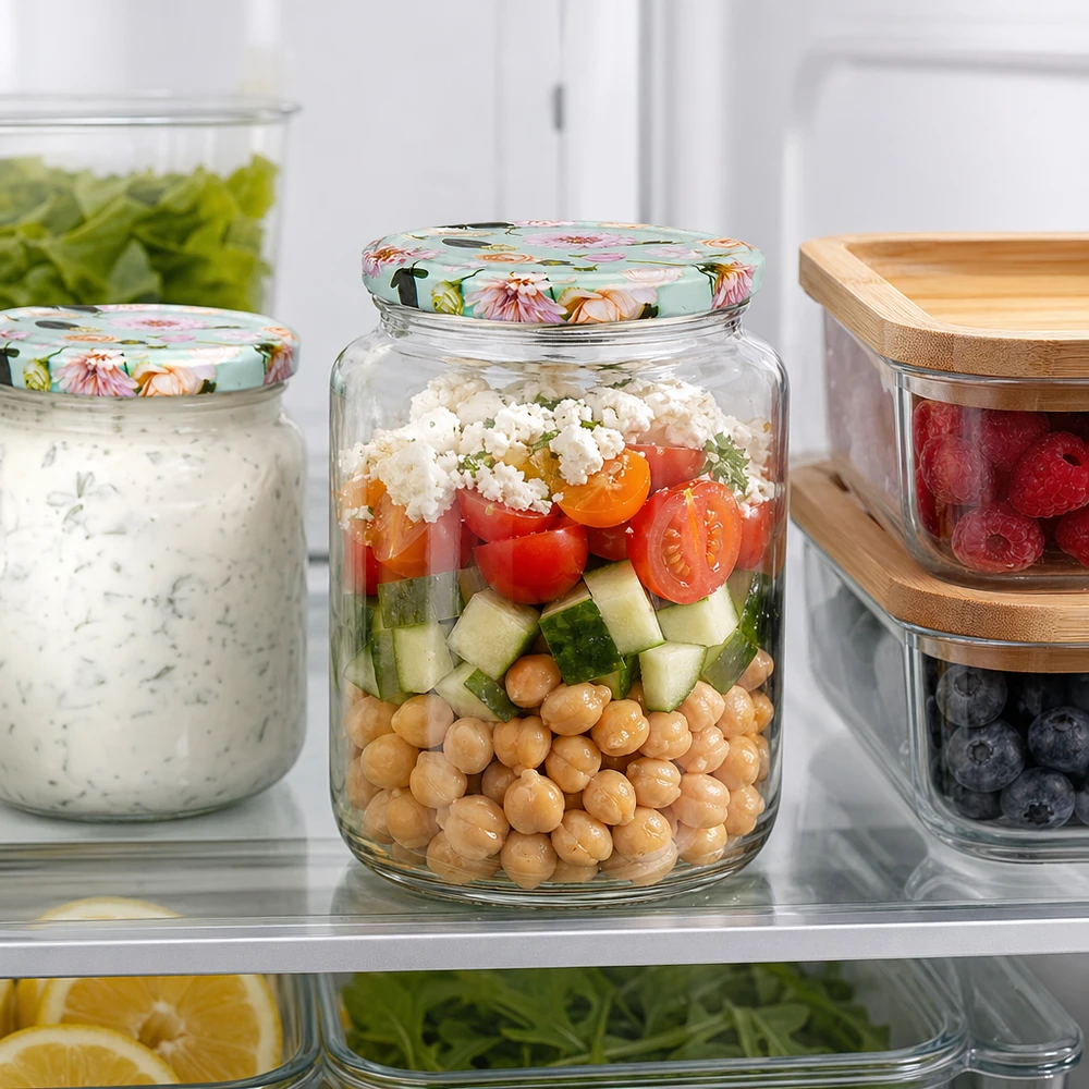 Ronde pot van 795 ml + BasicSeal-deksel met muntbloem UNiTWIST 795 ml ronde pot met muntbloem deksel in de koelkast, gevuld met kikkererwten salade tussen de maaltijd prep containers