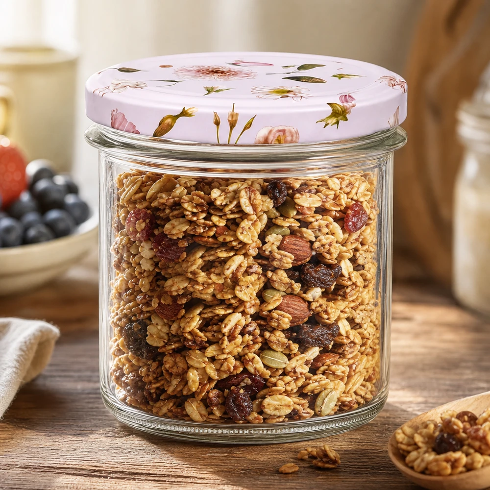 Glazen van 350 ml + BasicSeal-deksel met roze bloem UNiTWIST 350ml bekers roze bloemdecor gevuld met muesli-noten als opbergbakje op een houten tafel Keukenaccessoires