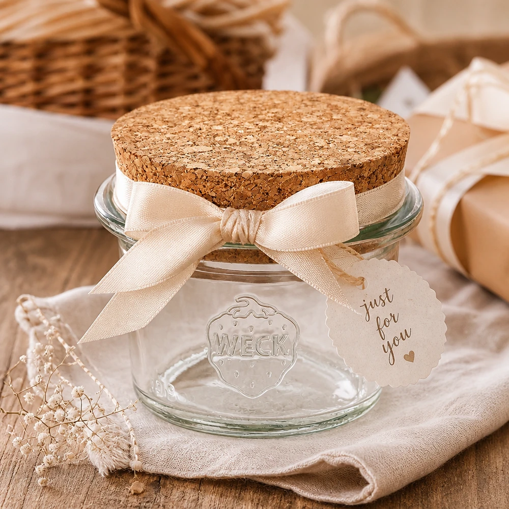 WECK RR40 35ml bekers met kurk als geschenkverpakking met decoratieve strik en label