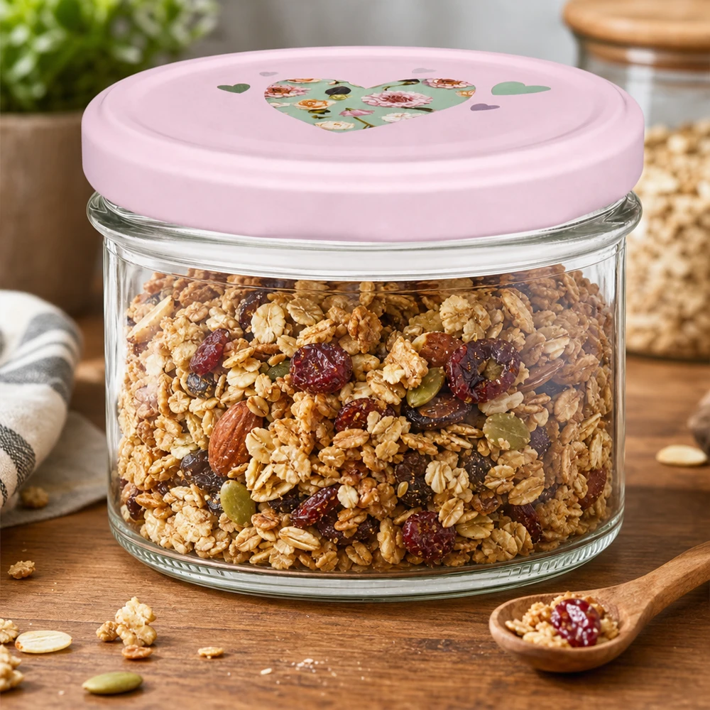 Glazen van 225 ml + BasicSeal-deksel met roze hart UNiTWIST 225 ml inmaakpot met roze hartvormig deksel gevuld met muesli en noten als voorraadpot op een houten tafel
