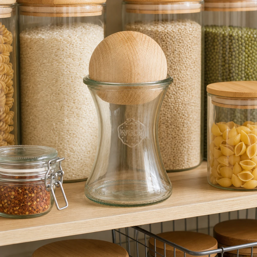 370ml delicatessenglas WECK RR80 met houten bal WECK delicatessenpot 370ml RR80 met beuken bol in opbergrek tussen inmaakpotten gevuld met pasta rijst