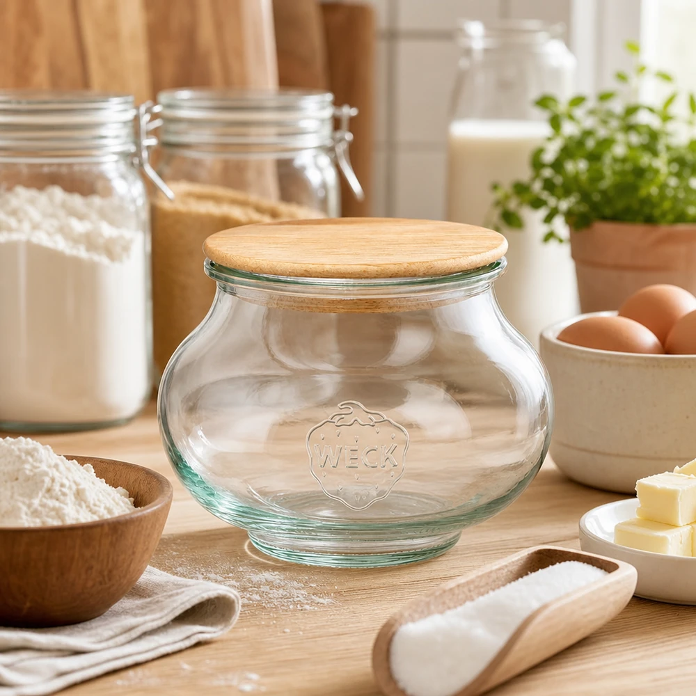 WECK decoratieve pot 560ml RR80 met houten deksel eik tussen bakingrediënten bloem eieren boter op houten plank keuken