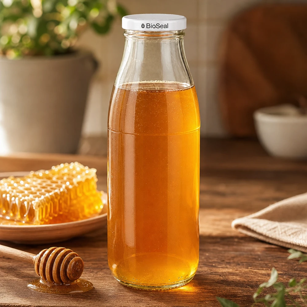 500ml fles met BioSeal deksel wit UNiTWIST Glazen fles van 500 ml gevuld met honing, witte BioSeal deksel, naast honingraat en honinglepel op houten tafel
