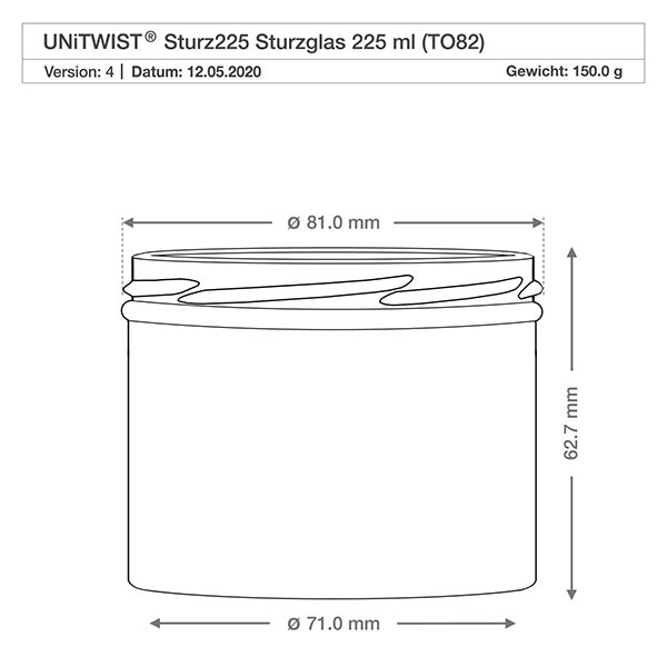 UNiTWIST Sturz225 - bekers inhoud 225ml TO82 UNiTWIST tuimelaars 225ml TO82 technische tekening met afmetingen 81mm diameter 62,7mm hoogte bewaren pot