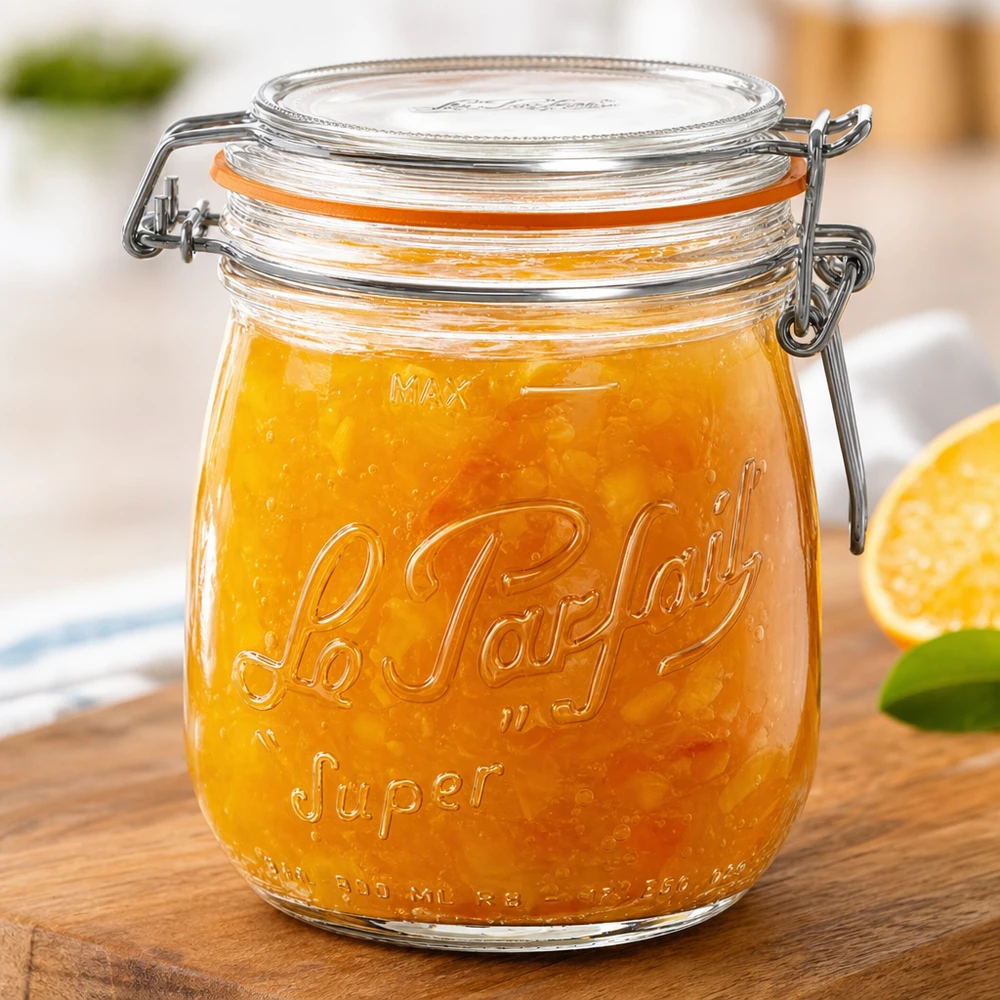 Le Parfait® pot 750 ml Ø85 mm voorraad 750ml Le Parfait Super voorraadpot met draaidop gevuld met sinaasappelmarmelade op houten plank