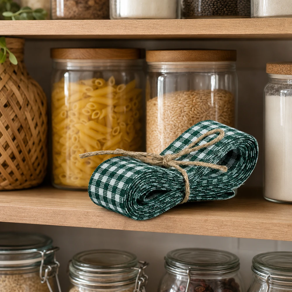 Stofband groen/wit voor decoratie 300 cm Groen en wit stoffen lint van 300 cm op keukenplank tussen voorraadpotten met pasta en rijst als voorraaddecoratie