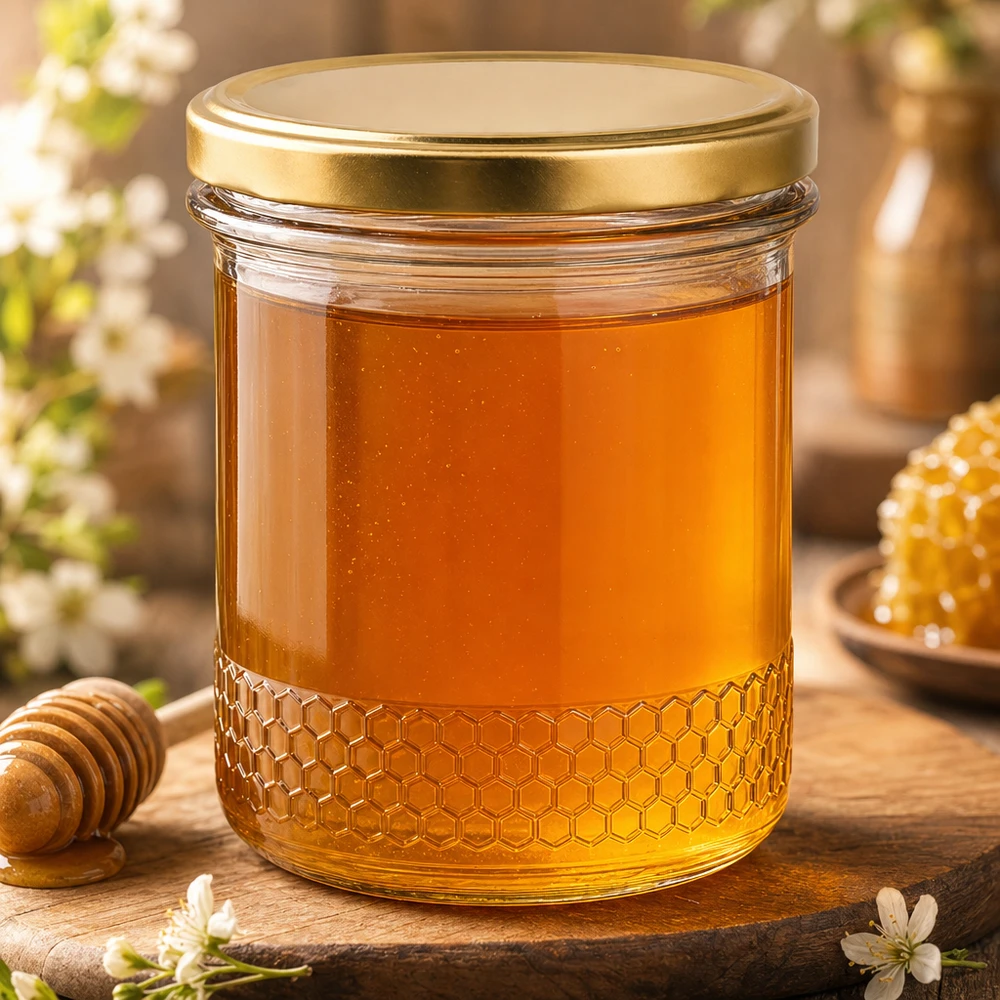 Honingpot 560 g met gouden BasicSeal UNiTWIST-deksel 400ml honingpot met gouden BasicSeal UNiTWIST deksel gevuld met honing op houten tafel met honingraatpatroon design