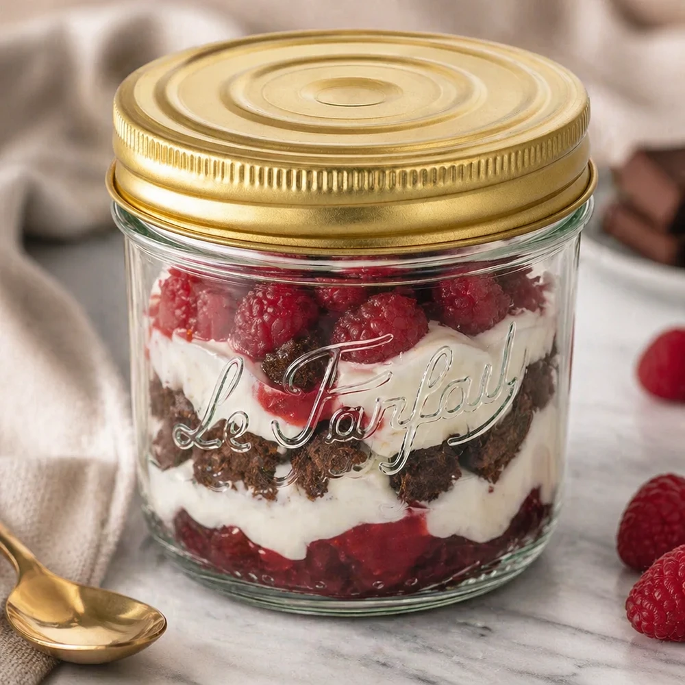 Le Parfait® Familia Wiss 350 g Ø100 mm pot 415ml Familia Wiss bekers met gouden deksel gevuld met een gelaagd dessert van frambozen en room op marmer