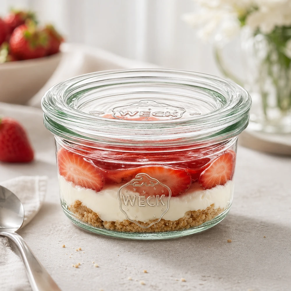 50ml stortglas met glazen deksel WECK RR60 WECK bekers 50ml RR60 met gelaagd dessert van aardbeien en room als elegante portionering op een wit werkblad