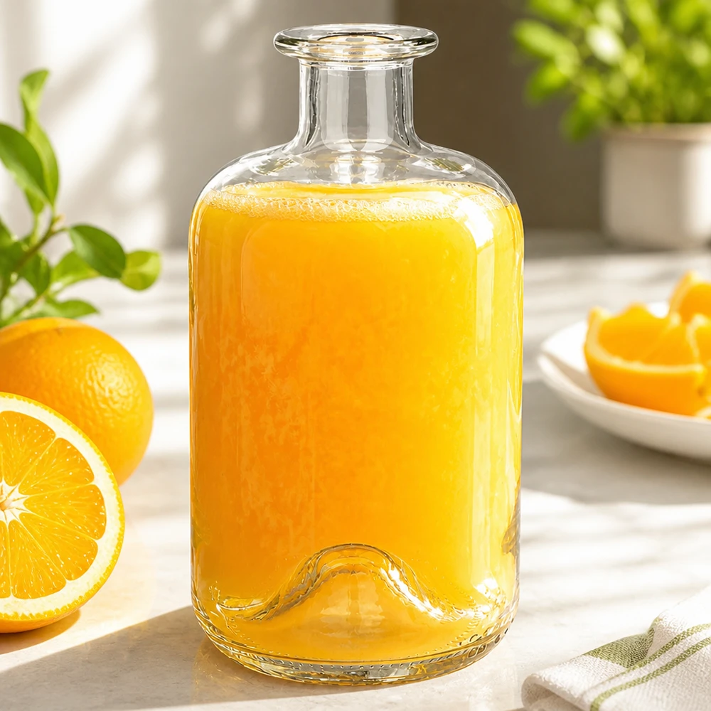 500 ml Apothekersfles 500ml Glasflasche "Luna" ohne Verschluss UNiTWIST zonder sluiting UNiTWIST® 500ml Luna glazen fles gevuld met vers sinaasappelsap naast sinaasappelschijfjes als sapkaraf in de keuken