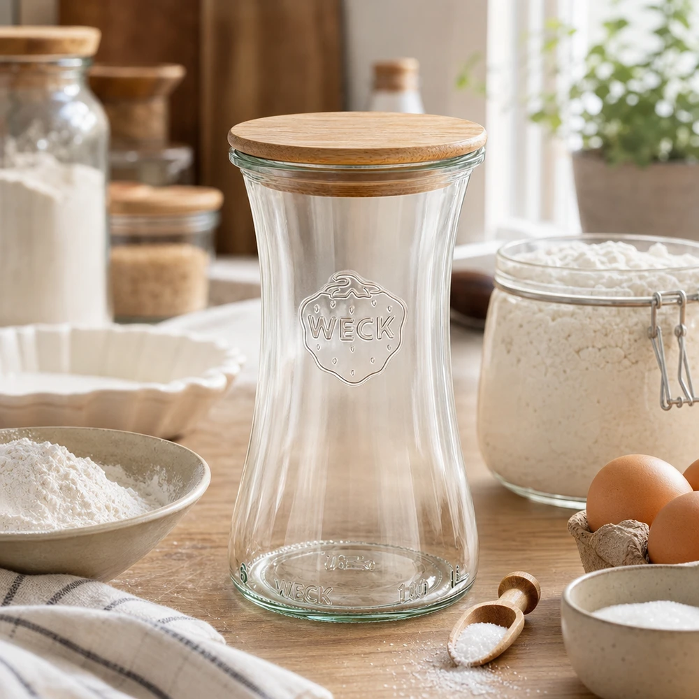 WECK delicatessenpot 100ml RR40 leeg in rustieke keuken met bakingrediënten, houten deksel en kookgerei