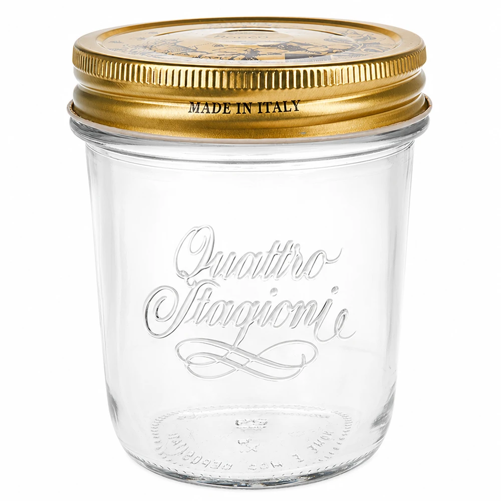 320ml "Quattro Stagioni" bekers met deksel 320ml Quattro Stagioni pot met gouden deksel Made in Italy Inmaakpot voor jam en conserven