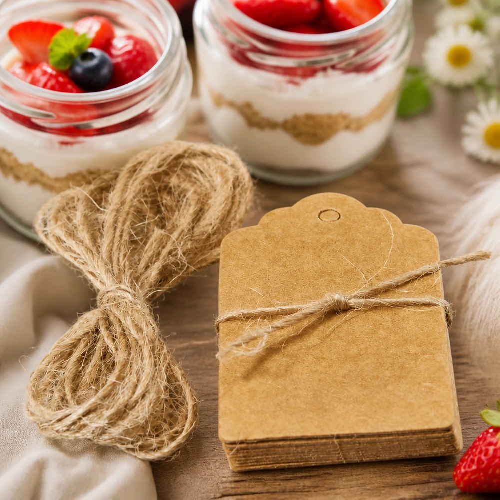 Bruine kraftpapieren labels met koord als cadeaudecoratie naast dessertglazen met bessen op een houten tafel