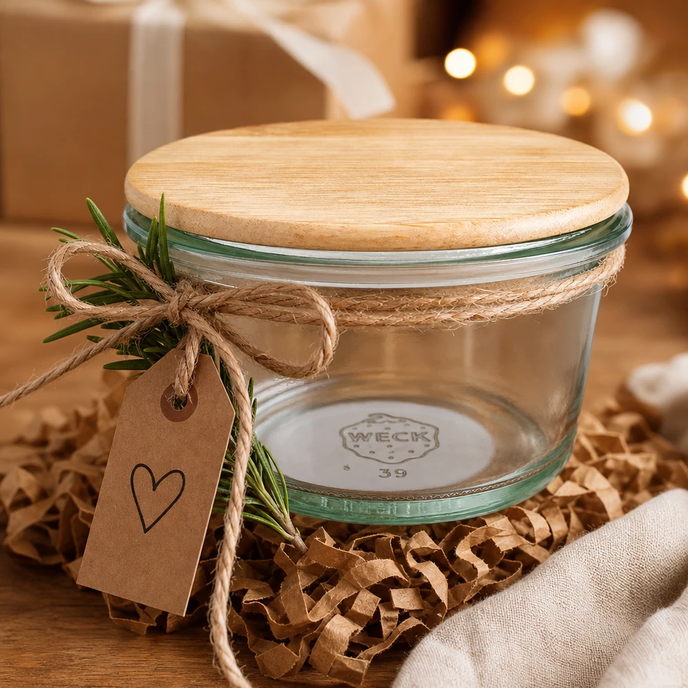 WECK gourmetpot 165ml RR80 als geschenkverpakking met houten deksel, jute koord label en rozemarijntakje decoratie