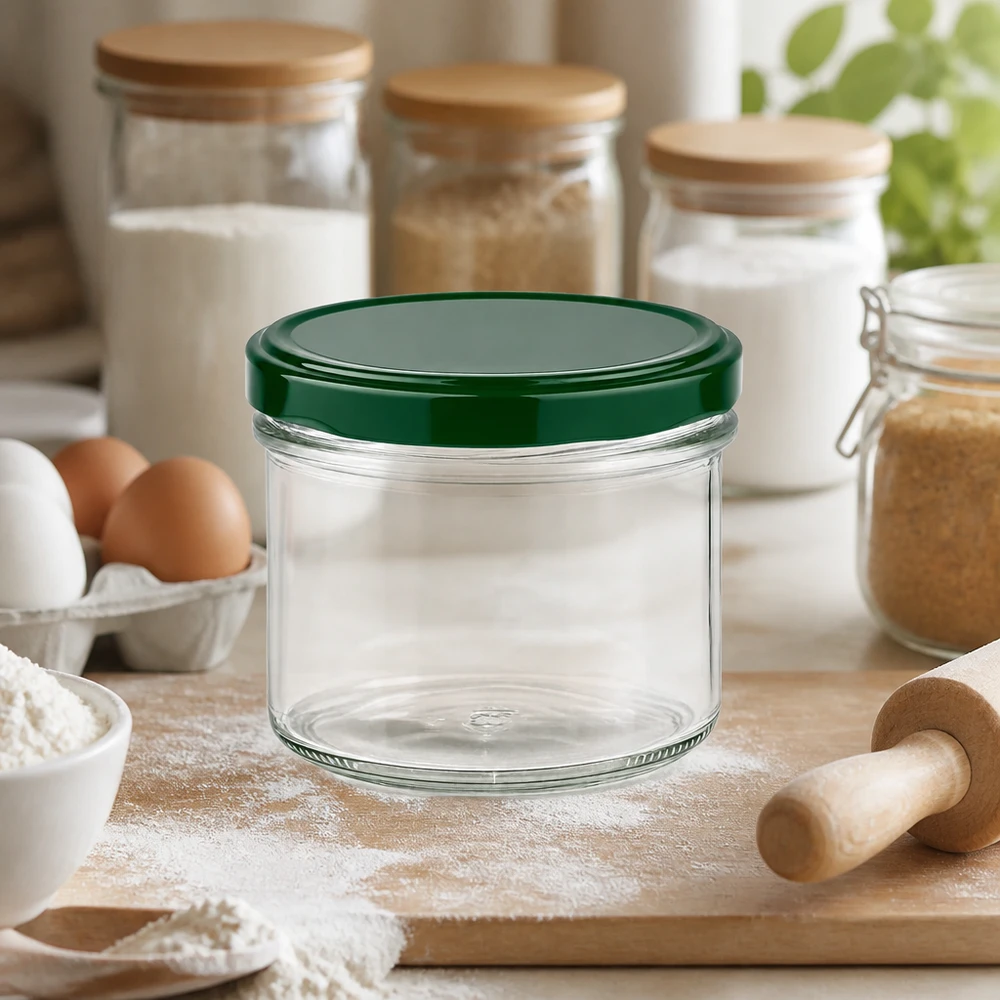 Glazen pot van 225 ml met groen deksel in de keuken tussen de bakingrediënten, bloem, eieren en houten keukengerei voor opslag