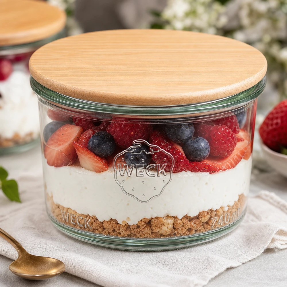 WECK bekers 200ml RR80 houten deksel gevuld met gelaagd dessert bessen yoghurt biscuit basis dessert styling