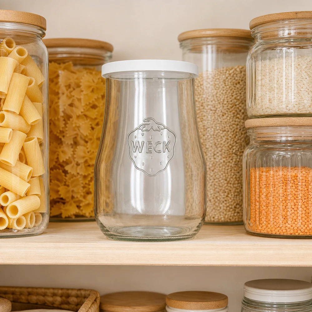 WECK tulpenpot 1750ml leeg in georganiseerde voorraadkeuken tussen potten pasta, rijst en linzen op plank