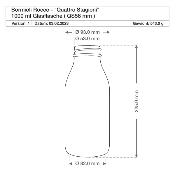 1000ml glazen fles "Quattro Stagioni" met deksel Technische tekening Quattro Stagioni 1000ml glazen fles met afmetingen, diameter 82mm, hoogte 225mm, gewicht 543g