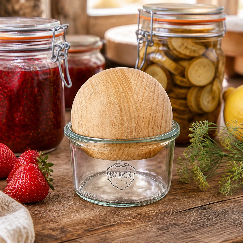 200ml stortglas WECK RR80 met houten bal WECK 200ml RR80 mason jar in een natuurlijke keukenomgeving met inmaakpotten en vers voedsel