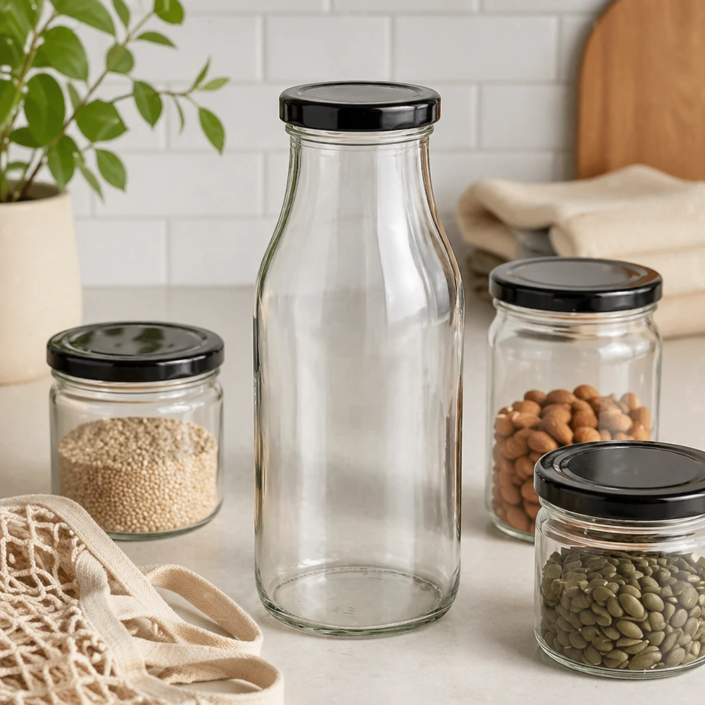 263ml fles met BasicSeal deksel zwart UNiTWIST 263ml glazen fles met zwart BasicSeal deksel naast voorraadpotten met noten en zaden in een moderne keuken