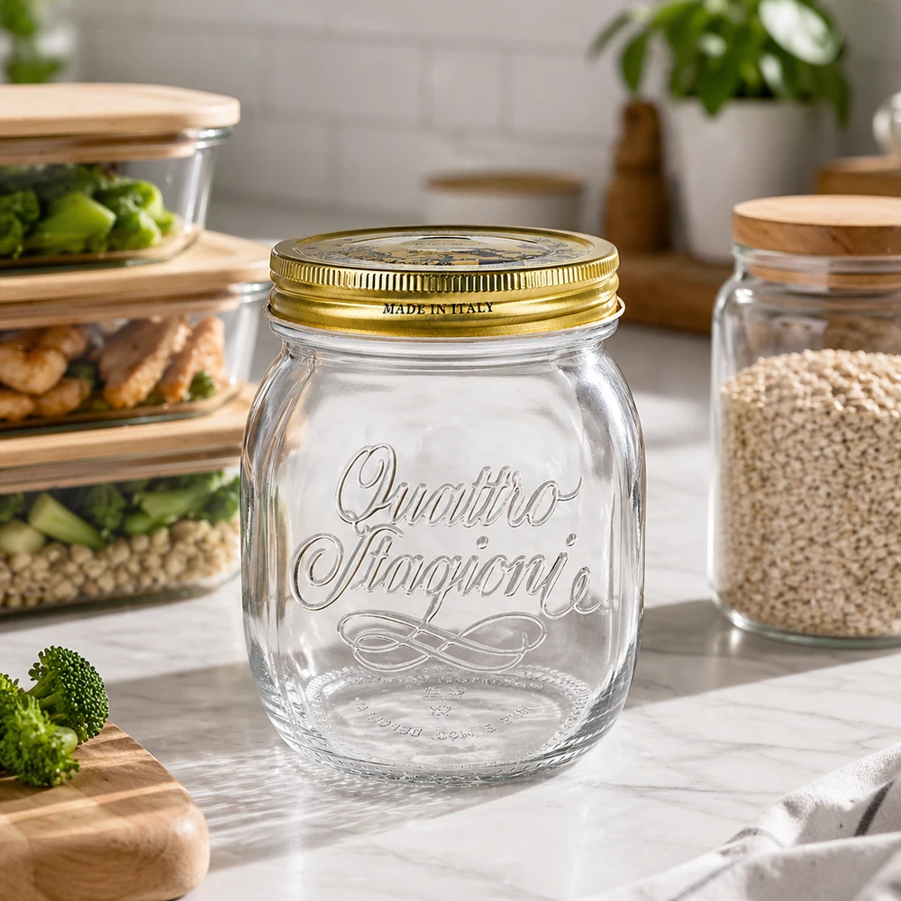 Quattro Stagioni 700ml ronde pot leeg in moderne keuken met maaltijdverpakkingen en voorraadpotten Keukenorganisatie