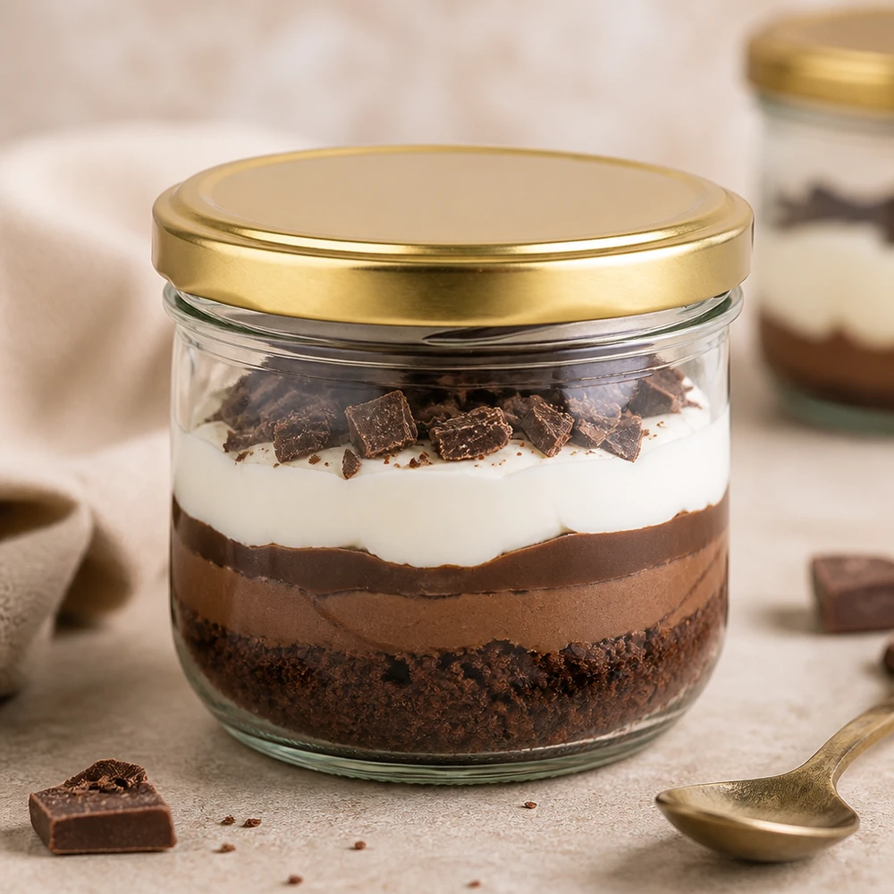 260ml bekers met BasicSeal deksel goud UNiTWIST 260 ml gouden BasicSeal UNiTWIST bekers gevuld met chocoladedessert tonen geschiktheid voor zoete desserts