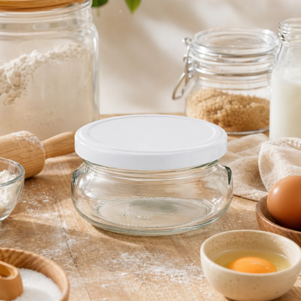 120ml terrine met BasicSeal deksel wit UNiTWIST 120ml Terrinenglas mit weißem Deckel in Backküche mit Mehl, Eiern und Backzutaten für Dessert-Zubereitung