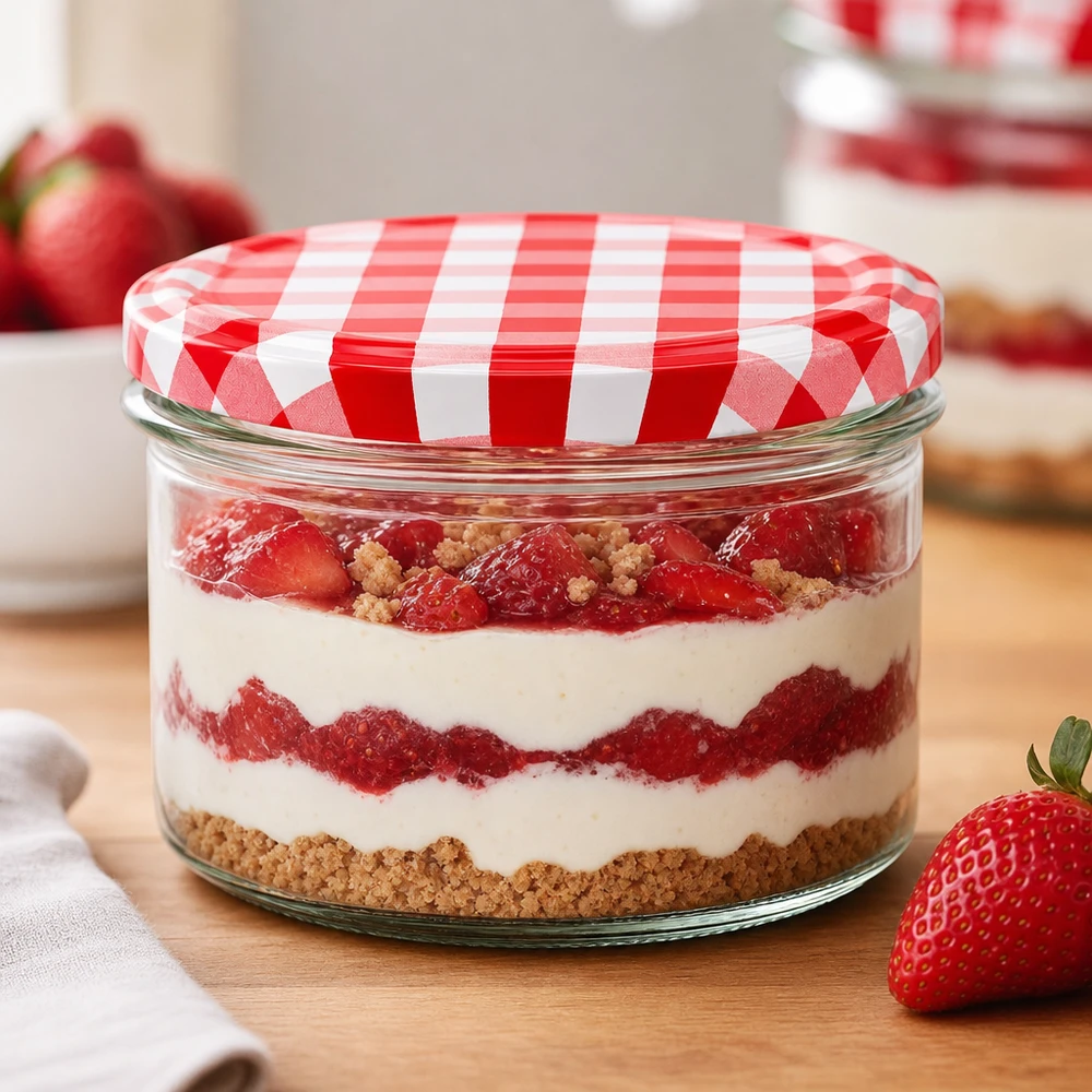 225ml bekers met BasicSeal deksel rood/wit UNiTWIST 225ml Sturzglas mit Erdbeer-Dessert und rot-weiß kariertem BasicSeal Deckel als stylische Dessertverpackung