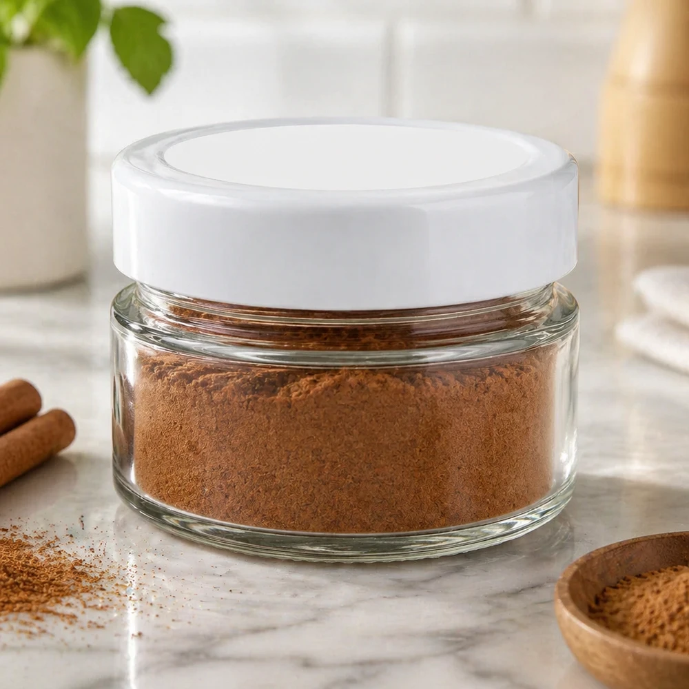 80ml rond glas met BasicSeal deksel wit deep UNiTWIST 80 ml rond potje gevuld met bruin poeder toont praktisch gebruik voor specerijen en keukenopslag