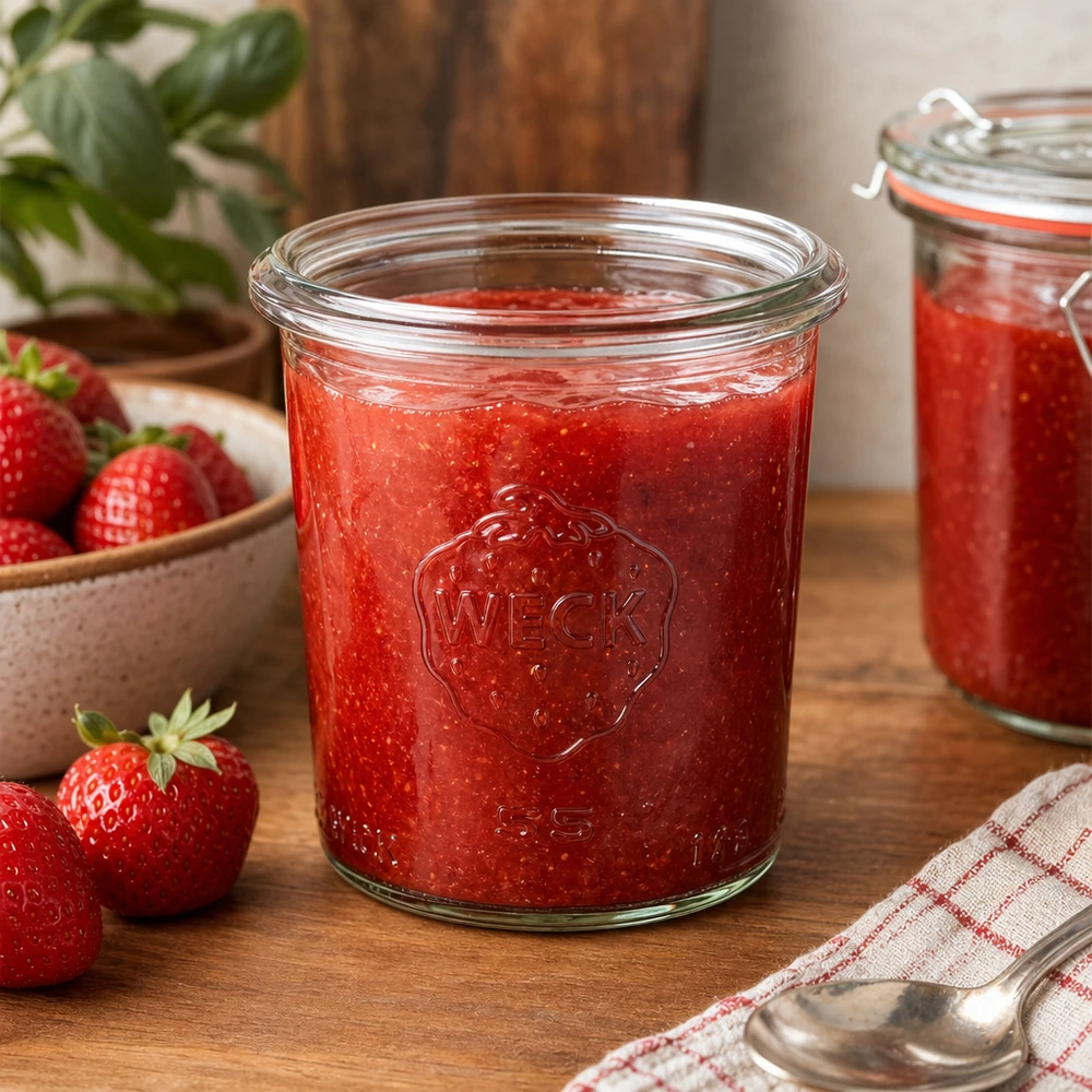 140ml stortglas WECK RR60 140 ml WECK RR60 pot gevuld met zelfgemaakte aardbeienjam op een houten tafel met verse aardbeien