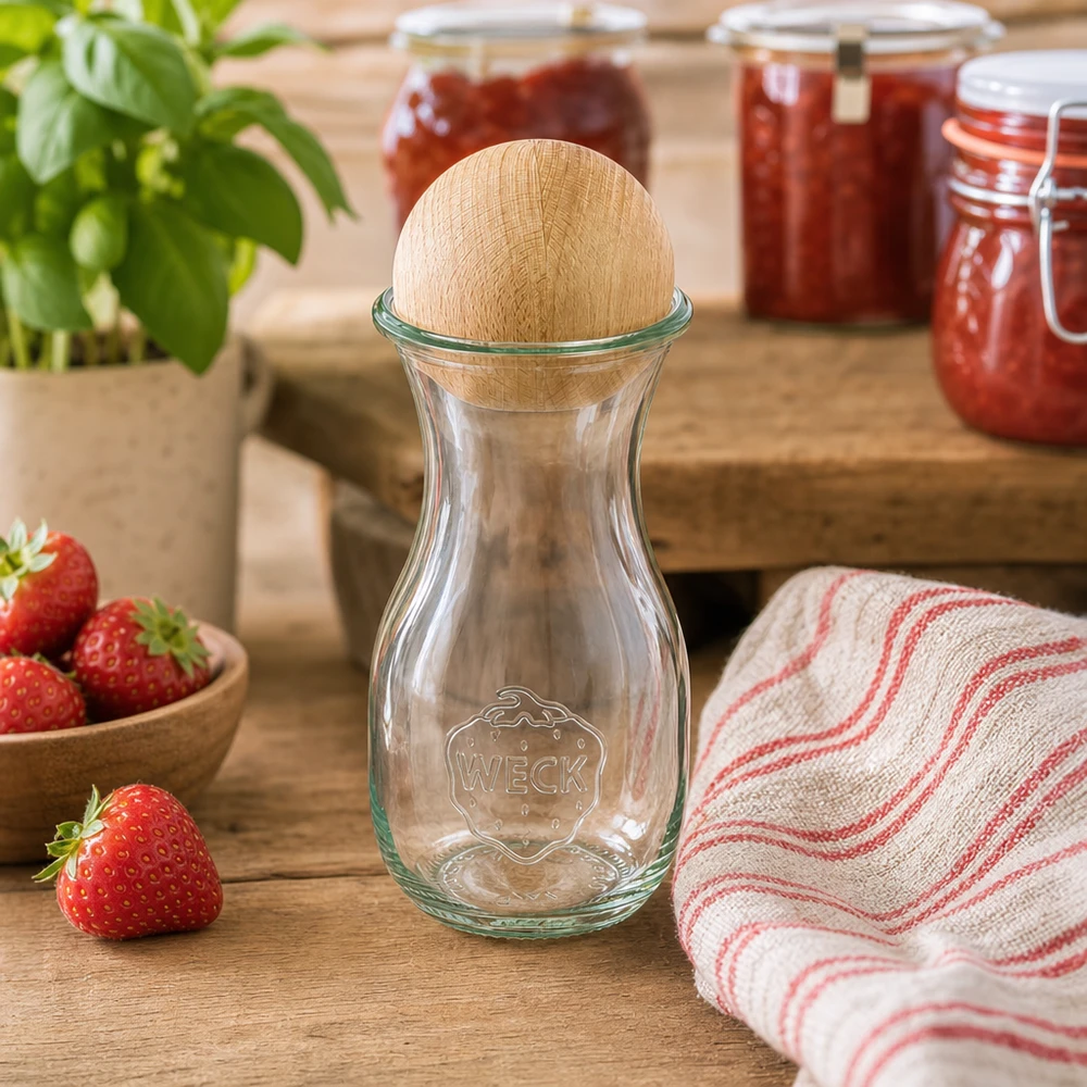 WECK glazen fles 290ml RR60 met beukenhouten bolstop in een rustieke keuken naast aardbeien en jampotten