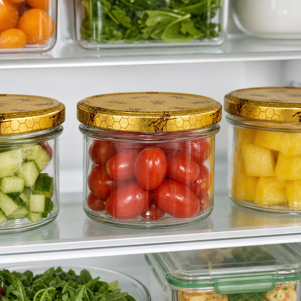 225ml bekers met BasicSeal deksel Honingraat UNiTWIST Trommels van 225 ml in de koelkast gevuld met groenten BasicSeal honingraatdeksel Meal Prep voorraadpotten