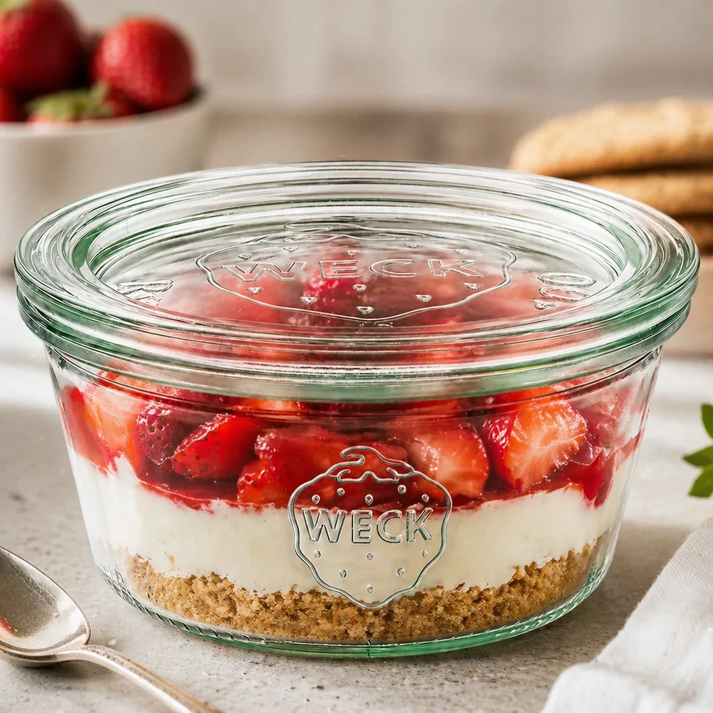 290 ml laag potje met glazen deksel WECK RR100 WECK beker 290ml RR100 gevuld met aardbeien gelaagd dessert toont veelzijdig gebruik als dessert pot met glazen deksel