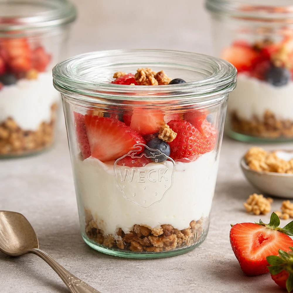290ml stortglas hoge met glazen deksel WECK RR80 WECK bekers 290ml RR80 met gelaagd dessert van yoghurt aardbeien bosbessen en walnoten als ontbijtidee