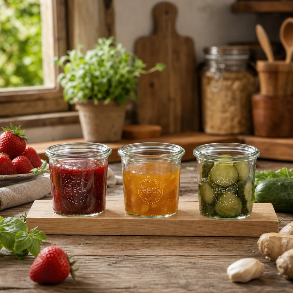 WECK potjes 140ml op serveerplank met jam en ingemaakte augurken in rustieke keuken met kruiden