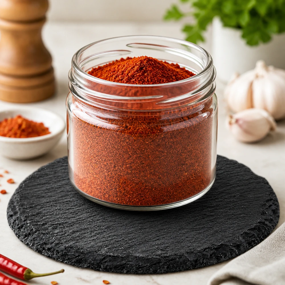 Rond leistenen bord 15cm met rood kruidenpoeder in een glazen potje en knoflook als elegante kruidenpresentatie