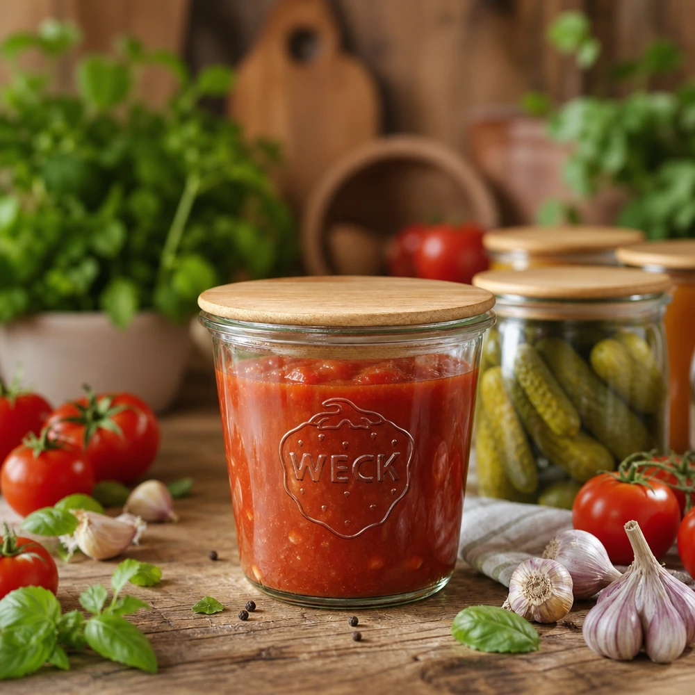 WECK inmaakpot 580ml met houten deksel gevuld met tomatensaus, omringd door verse ingrediënten en augurken
