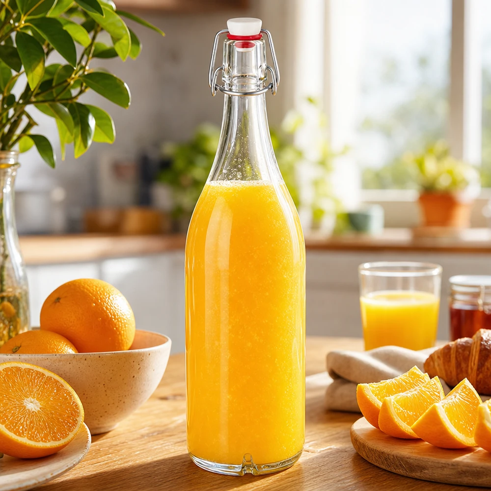Glazen fles van 1000 ml + porseleinen slingerdop UN... 1000ml glazen fles met draaidop gevuld met vers sinaasappelsap naast sinaasappels op keukentafel