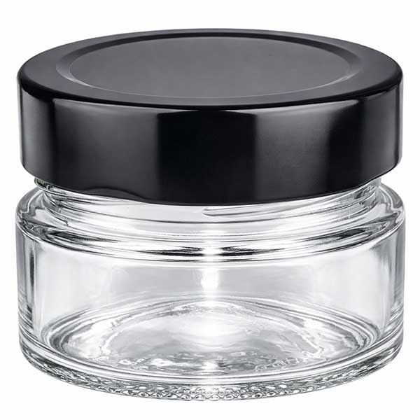 80ml rond glas met BasicSeal deksel zwart deep UNiTWIST 80ml rond potje met zwart BasicSeal deksel UNiTWIST dop transparant leeg cosmetica potje