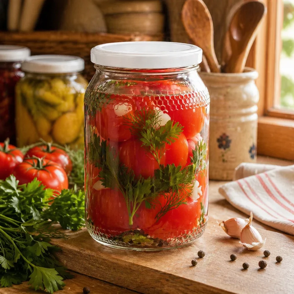 Honingpot 1260 g met witte BasicSeal UNiTWIST-deksel Honingpot 900ml met ingemaakte tomaten en kruiden toont conserveringsmogelijkheden BasicSeal deksel wit