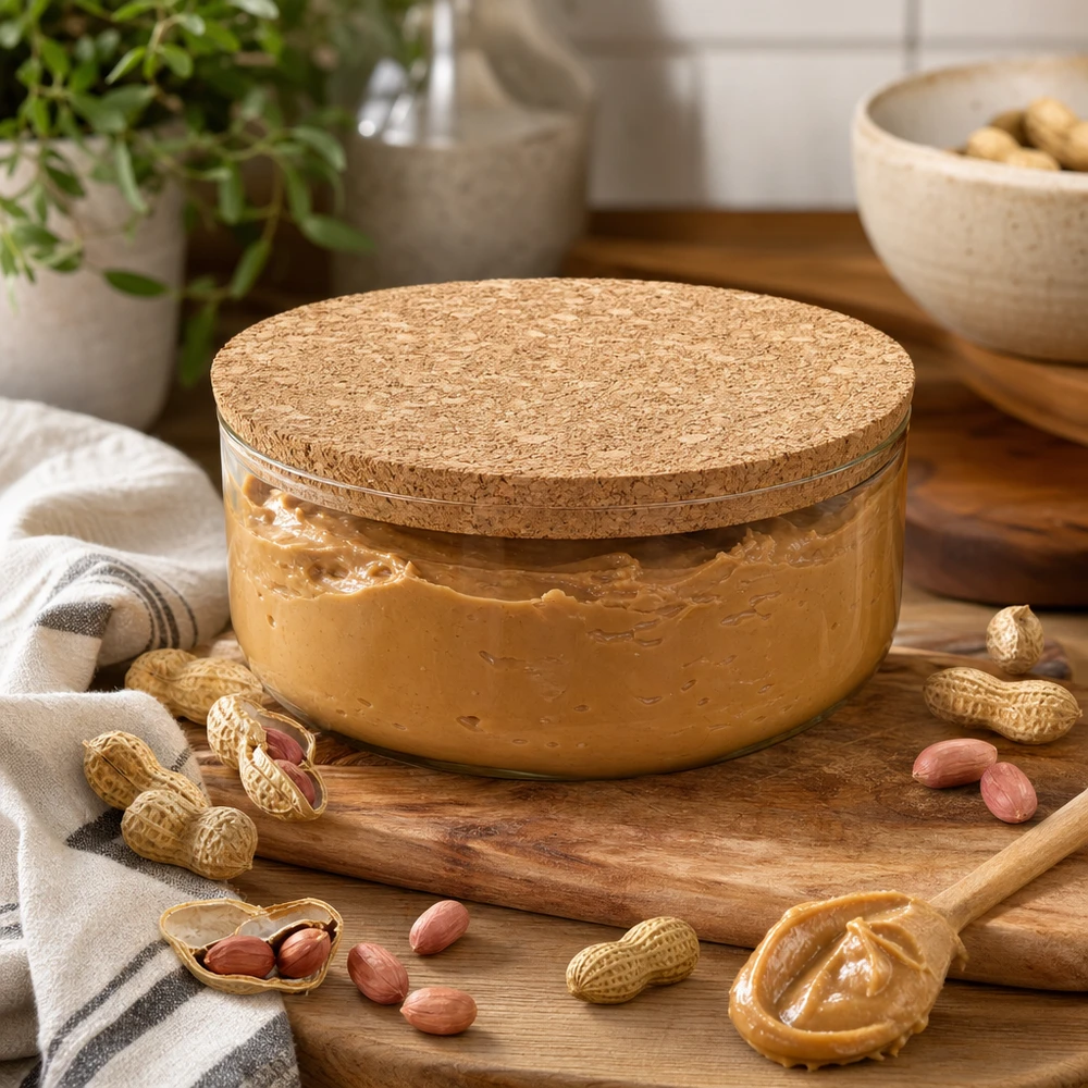 Kurk voor opening 75mm WECK RR80 (ø72/82, H=20mm) WECK RR80 kurk naturel in gezellige keuken met pindakaaspot pinda's praktisch opbergen