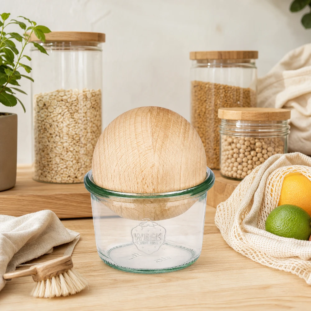 80ml stortglas WECK RR60 met houten bal WECK 80ml RR60 bekers met beukenhouten bol in duurzame zero-waste keuken met voorraadpotten en jutezak
