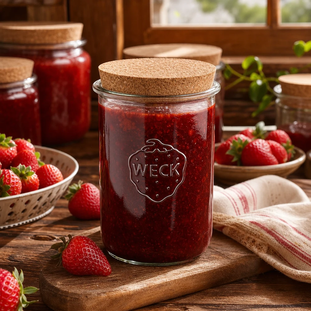 1000ml stortglas WECK RR100 met kurk WECK bekers 1000ml RR100 met kurken deksel gevuld met aardbeienjam omringd door verse aardbeien rustieke keuken